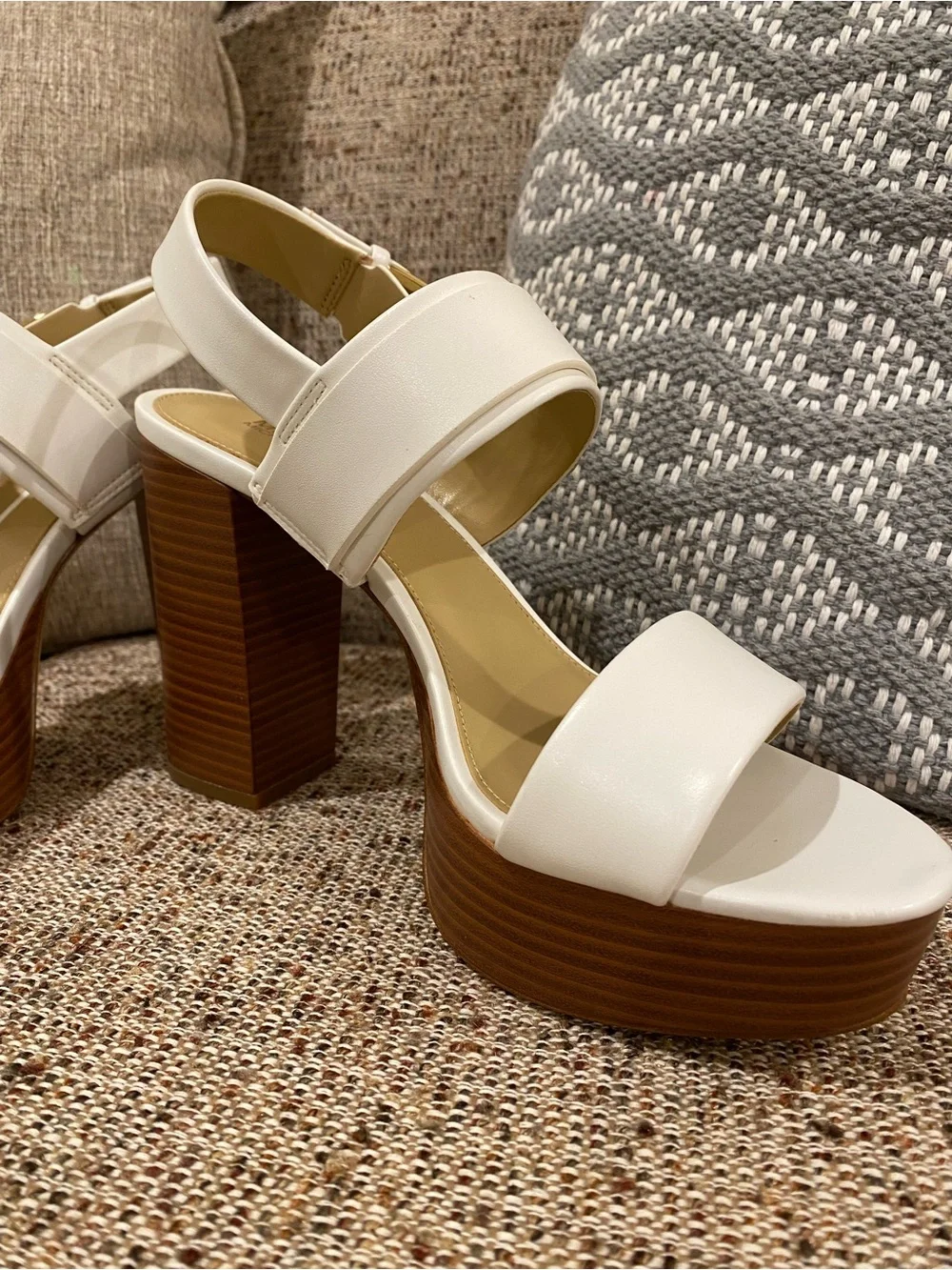 Michael Kors White Platform Block Heel Sandals with Brown Wood-Look Sole